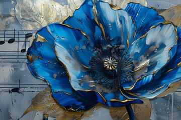 Poppy flower made from musical notes, utilizing a color palette of blue, silver, and black. Enhance the piece with gold foil detailing and render it in an alcohol ink style to achieve a dynamic and vi