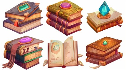 Fototapeta premium Set of ancient magic books isolated on a white background. Modern cartoon illustration of magical spellbooks decorated with gem stones and metal, mysterious wizard literature, game assets, and old