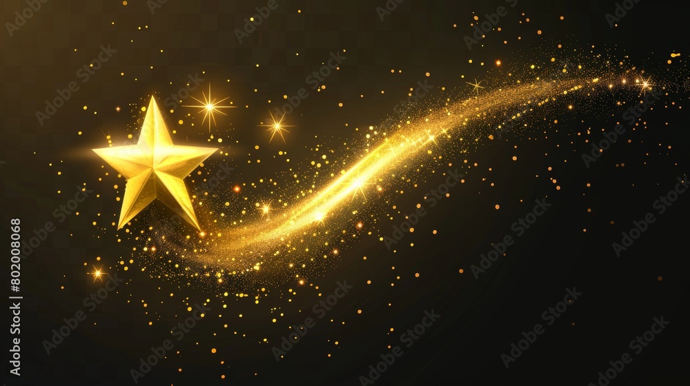 Poster a gold star with a magical curve trail on a transparent background. a realistic modern illustration 