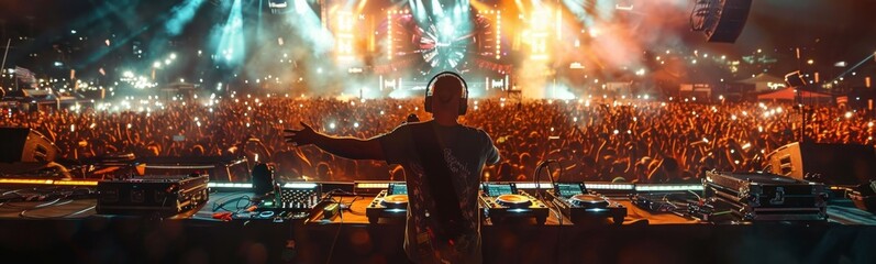Dj in front of a crowd at a concert with lights. Music party background. Banner
