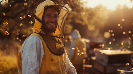 A laughing man in a yellow beekeeper's suit, wearing a protective mask on his head, works in an apiary on a hot summer day - Powered by Adobe