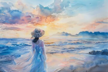Watercolor artwork depicting a serene beach scene during dawn. In the foreground, paint a woman draped in a flowing, translucent dress facing the viewer