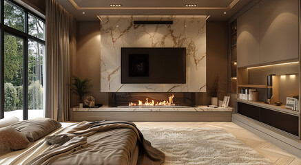 Beige stylish and sporty luxury bedroom with fireplace and TV unit. Generative AI.