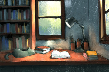Black cat on desk in reading room, digital art painting, loosely painterly style.