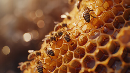 A close up of a honeycomb with bees on it. The bees are busy collecting nectar and pollen