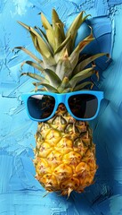 Stylish pineapple with sunglasses and sunscreen on pastel background for text placement