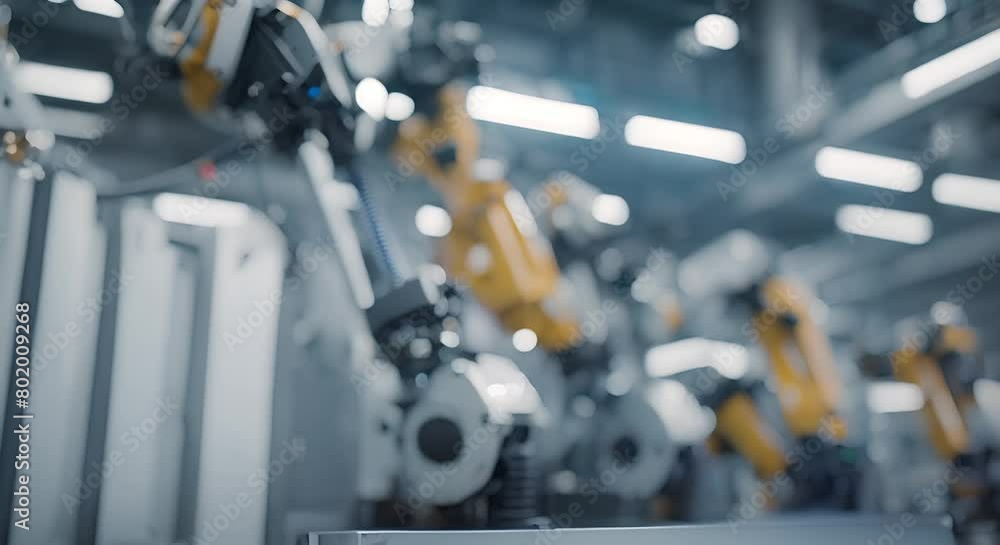 Poster futuristic industrial robots operating on a factory floor automation and smart manufacturing concept