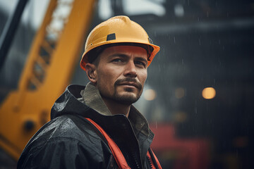 Generative AI picture Portrait of construction worker wearing a protective safety uniform clothes helmet at big building