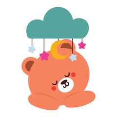Fototapeta premium cute cartoon bear sleeping under stars and blue clouds. cute animal doodle sticker