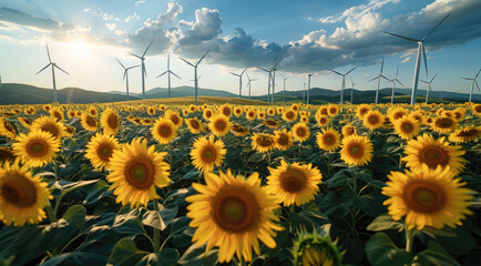 The expansive sunflower fields in the foreground with a backdrop of wind turbines from the wind farm. Generative AI.