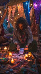 Woman sitting on the floor with candles and a tablet computer. Fortune teller background. Vertical background 