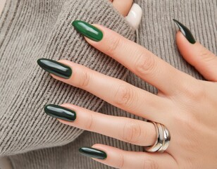 hand of elegant young woman nail polish military green long square nails, generated Ai image