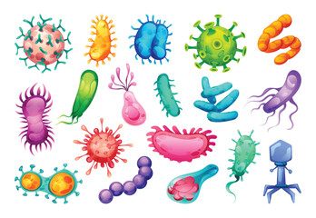Set of viruses, bacteria and germs. Microscopic cell illness, bacterium and microorganism. Vector illustration