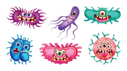 Set of bacteria, viruses and germs cartoon character with funny faces. Microscopic cell illness, bacterium and microorganism. Vector illustration