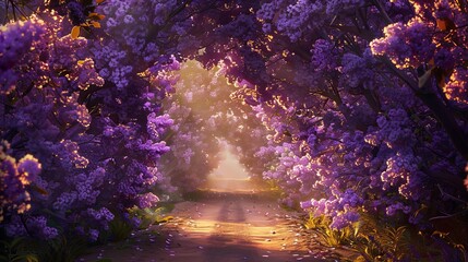 
Envision a breathtaking spring landscape where lilac trees are in full bloom, forming a magical forest scene