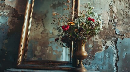 Imagine a scene where a golden vintage vase filled with flowers is placed near a beautiful antique mirror. The vase gleams in the light, adding a touch of opulence to the space