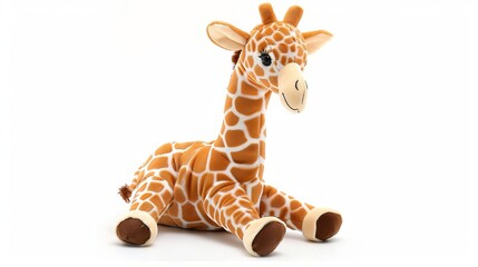Imagine a plush toy giraffe standing tall against a crisp white background. Its soft fur and friendly expression make it a delightful companion for children of all ages.