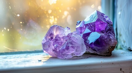 
Imagine a serene scene with a purple and gemmy amethyst stone placed alongside a White Buddha head on a windowsill background. The rough amethyst crystals adorn a home altar