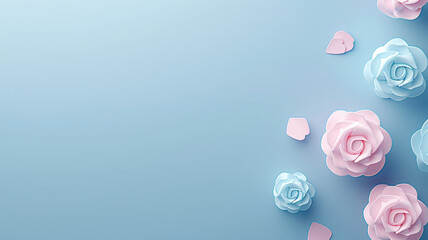 A blue background with pink and blue flowers