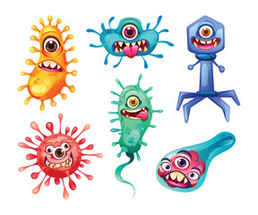 Collection of bacteria, viruses and germs cartoon character with funny faces. Microscopic cell illness, bacterium and microorganism. Vector illustration