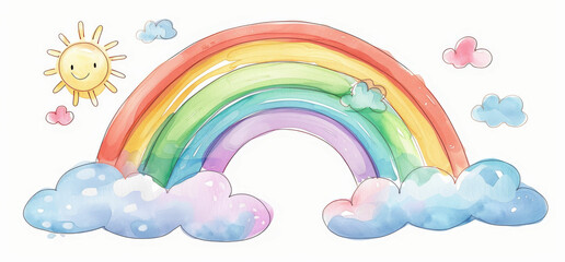 a drawing of a rainbow with clouds and a sun