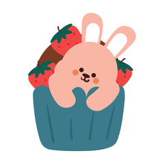 hand drawing cartoon cupcake with bunny and strawberry. cute food and animal doodle for icon and sticker