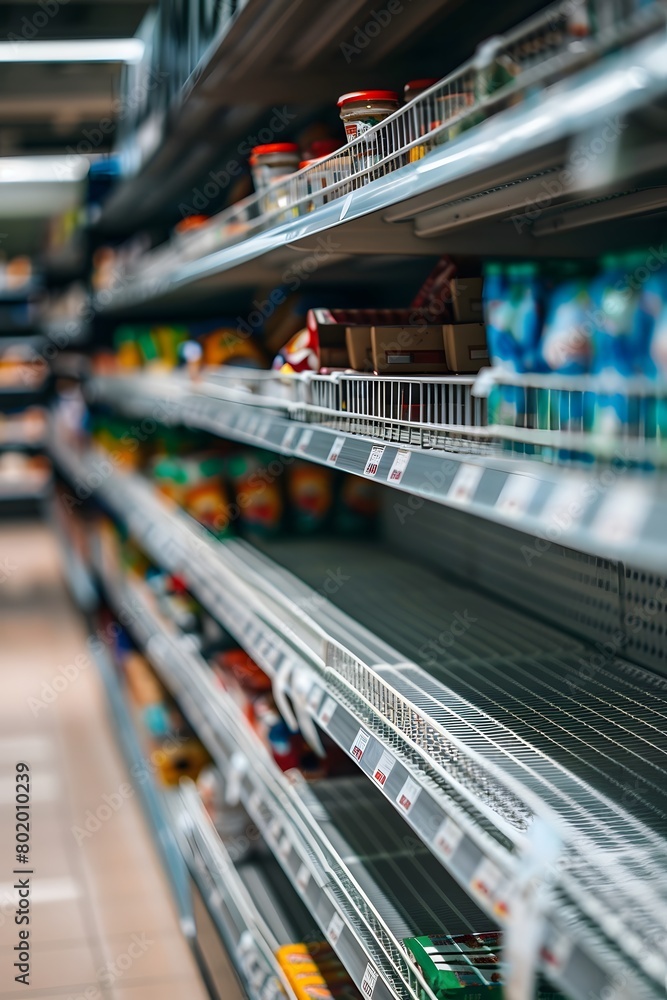 Aufkleber an empty shelf for product placement in the supermarket with blurred background
