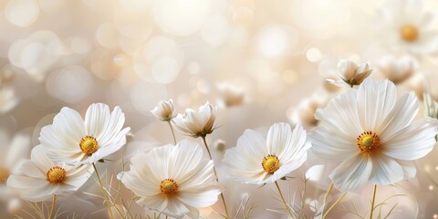Close up of white cosmos flowers with soft bokeh background