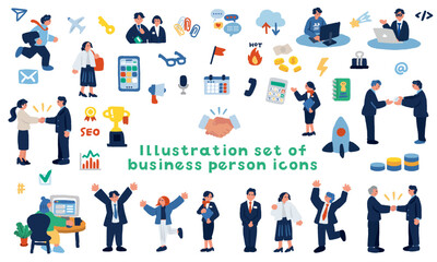 ビジネスパーソンとビジネスアイコンのイラストセット
