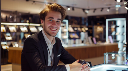 Smiling male seller in smartphone store	
