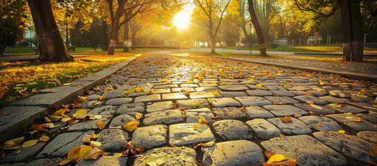 the sun shines through the trees and leaves on the cobblestone road - Powered by Adobe