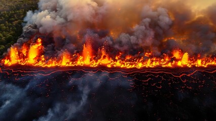Warning of Climate Change Impact: Volcanic Activity Leading to Floods and Fires on Earth. Concept Climate Change, Volcanic Activity, Floods, Fires, Earth Impacts