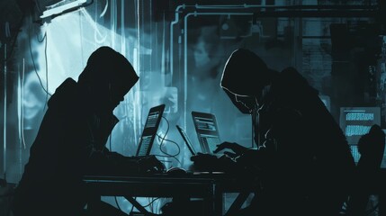 Shadowy silhouettes of cybercriminals at work,&nbsp;representing hackers and troll farms,&nbsp;with a dark,&nbsp;ominous backdrop suggesting online threats and cyber warfare