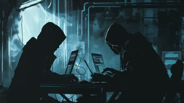 Shadowy silhouettes of cybercriminals at work,&nbsp;representing hackers and troll farms,&nbsp;with a dark,&nbsp;ominous backdrop suggesting online threats and cyber warfare