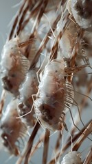 Closeup View of Tiny Head Lice Attached to Human Hair Strands in Detailed Macro Shot
