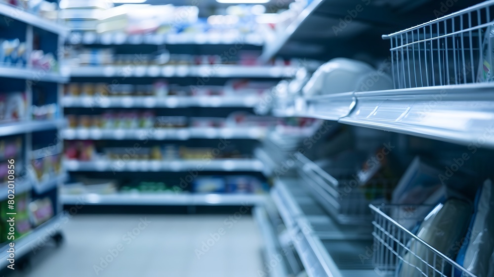 Aufkleber an empty shelf for product placement in the supermarket with blurred background