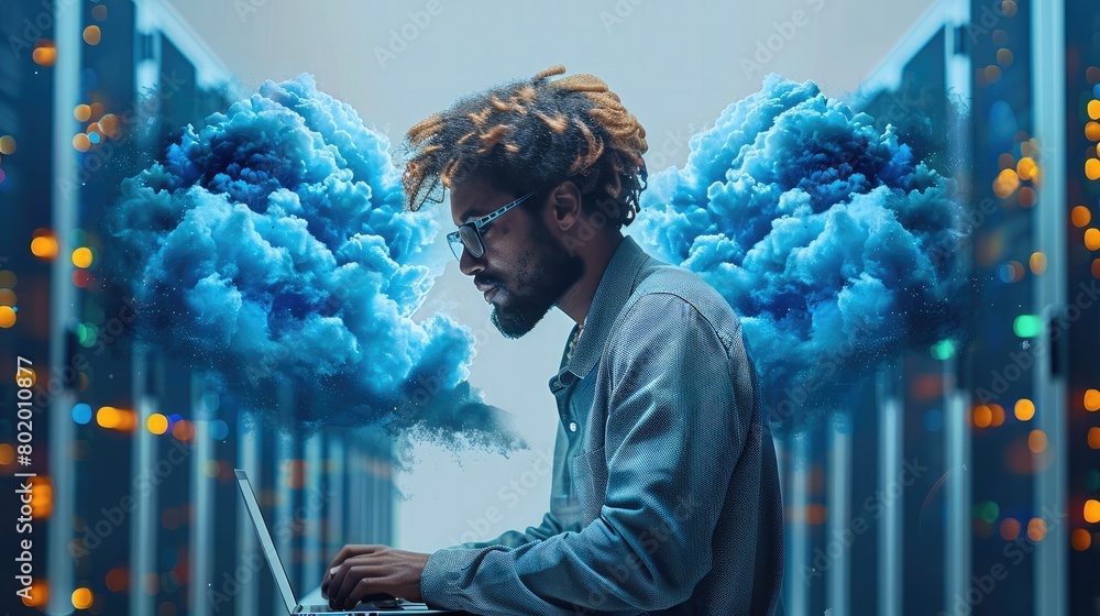 Aufkleber Cloud migration with servers with a tech support officer with a laptop working. Generative AI.
