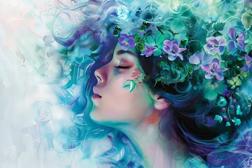 Side profile painting of a woman with her eyes closed. Intricately intertwine her hair with vibrant blue and green flowers to create an ethereal and artistic appearance