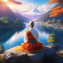 Generated image of a Buddhist monk/nun sitting and meditating in a lake and forest region.