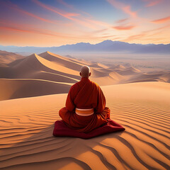Generated image of a Buddhist monk/nun sitting and meditating in a desert dunes region.