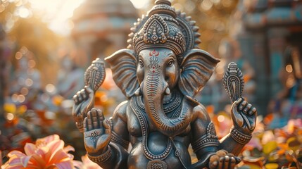 Fototapeta premium Ganesha statue Holding modaka sweets on colorful background Emphasize his role in removing obstacles.