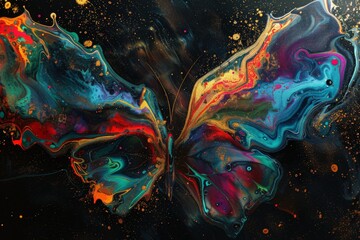 Neon colorful abstract painting, resembling liquid metal, set against a black background. The painting should convey an ethereal and vivid butterfly through fluid washes of color