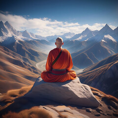 Generated image of a Buddhist monk/nun sitting and meditating in a mountainous region.