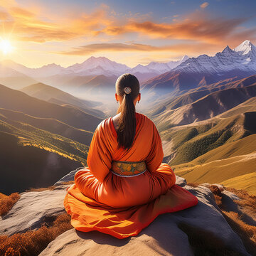 Generated image of a Buddhist monk/nun sitting and meditating in a mountainous region.