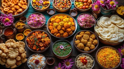 Traditional Indian sweets and dishes beautifully arranged on the table. It showcases the delicious...