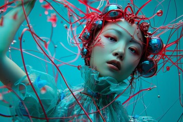 Analog action view of a beautiful female cyborg with red wires and a red glass head. She is dressed in elaborate chiffon fabric gown, embellished with blue glass tubes and wires in a cyberpunk style