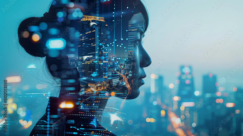 Poster futuristic architecture engineer using robot ai technology assistant development of modern city buil