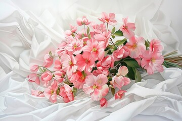 A watercolor painting portraying a bouquet of pink flowers. Present the bouquet on white fabric in a unique and neat arrangement with clean white background
