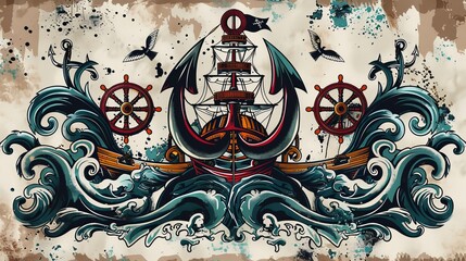 Artistic representation of a traditional tattoo with a nautical theme, including anchors and ship wheels, on an isolated backdrop, bold color palette
