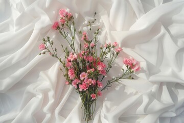 A watercolor painting portraying a bouquet of pink flowers. Present the bouquet on white fabric in a unique and neat arrangement with clean white background